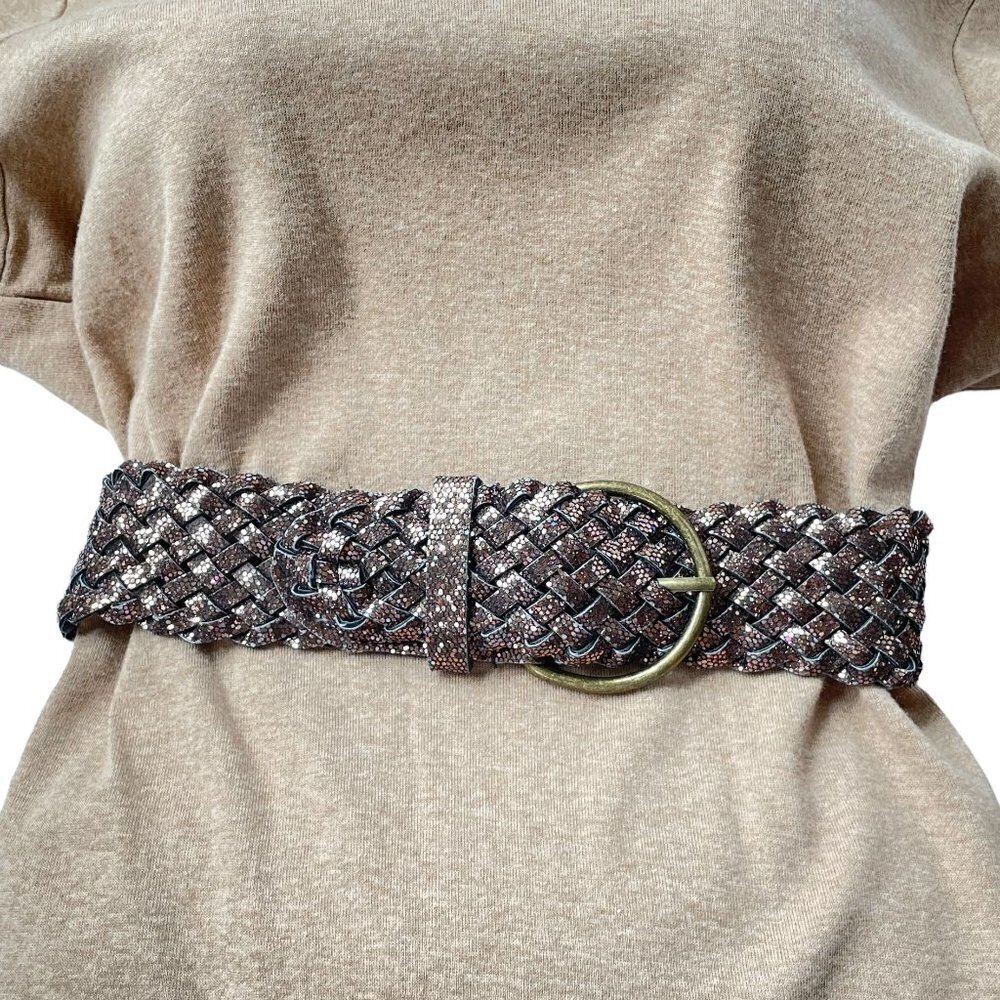 Woven Brown Leather or Faux Leather Belt with Copper Color Glitter Embedded